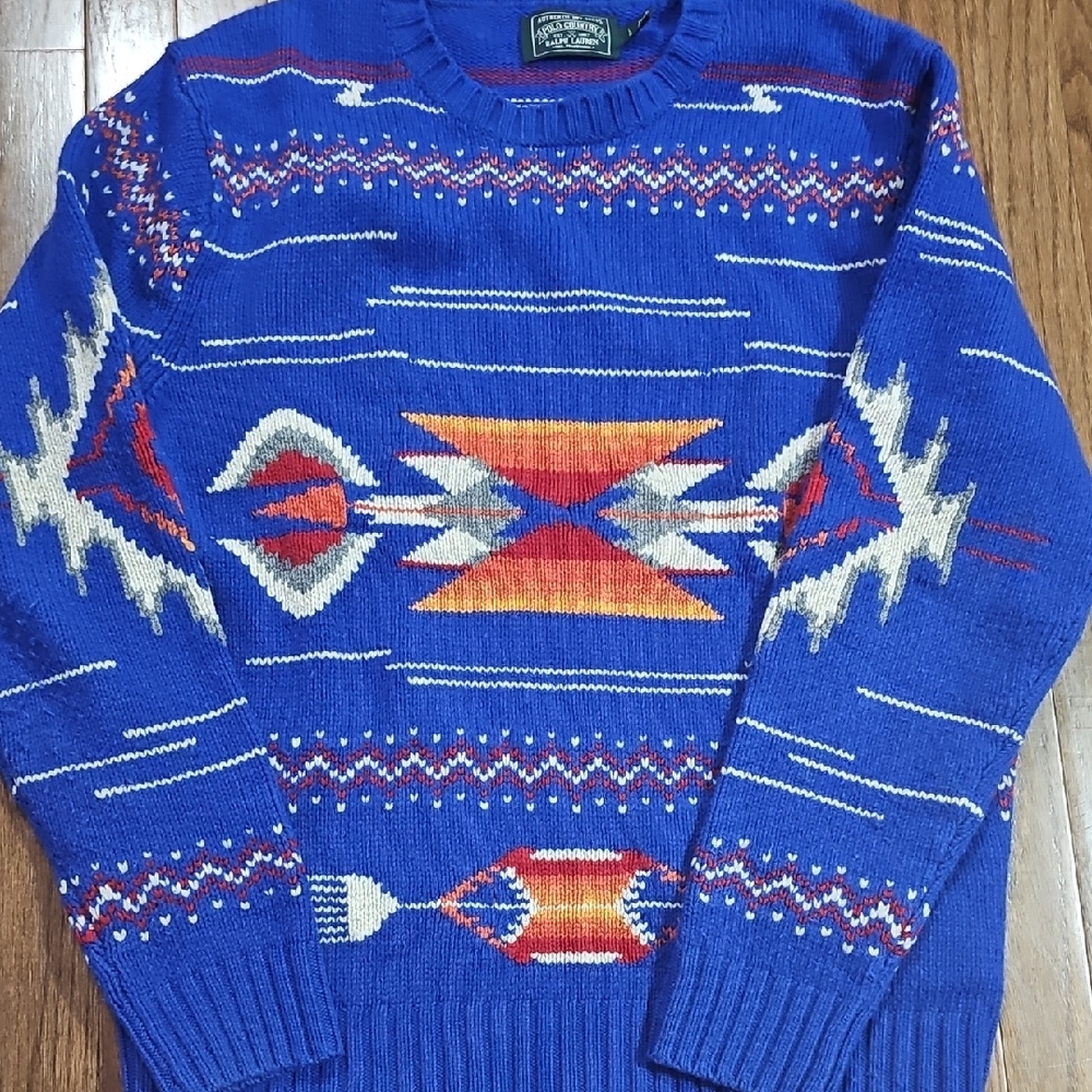 Ralph Lauren Aztec Blue Crewneck Sweater with Red And Orange Accents